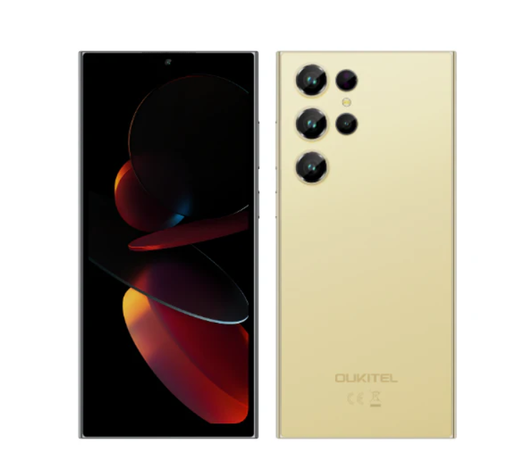 Smartphone with black and red design on one side and gold back with 'DUKITEL' branding on the other, on a white background.