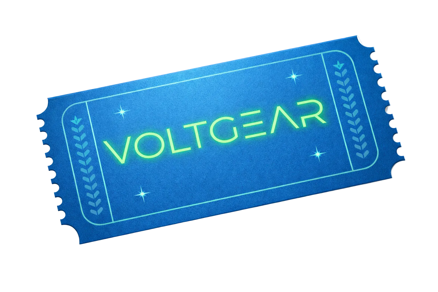 Blue ticket-shaped voucher with 'VOLTGEAR' logo on a white background
