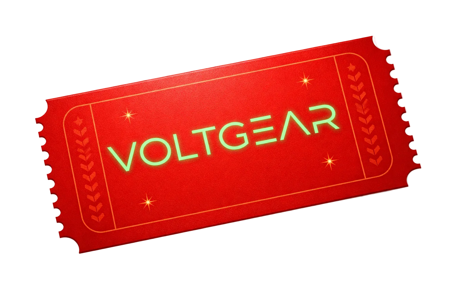 Red ticket-shaped voucher with 'VOLTGEAR' branding on a white background