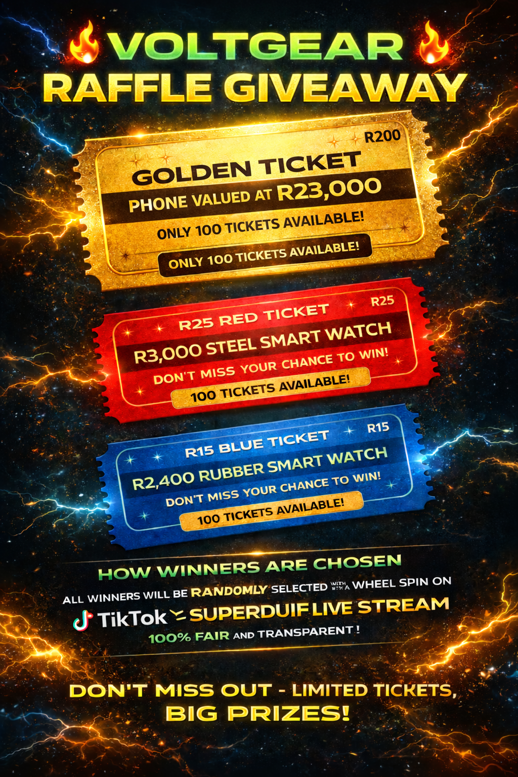 Promotional poster for Voltgear raffle giveaway with golden, red, and blue tickets on a dark background.