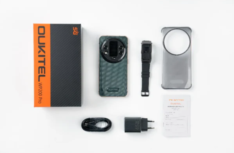 OUKITEL phone packaging with phone, charger, and accessories on a white background
