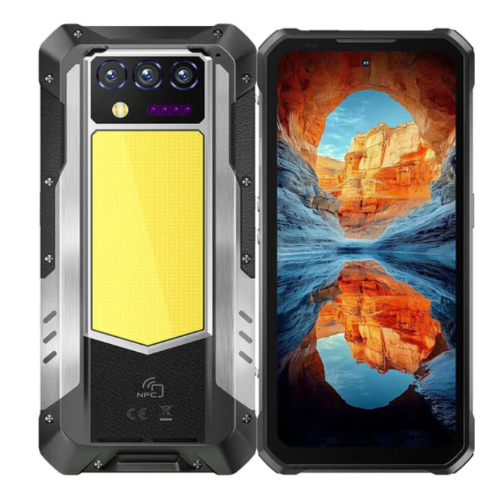 Rugged smartphone with a yellow panel and scenic display on a white background