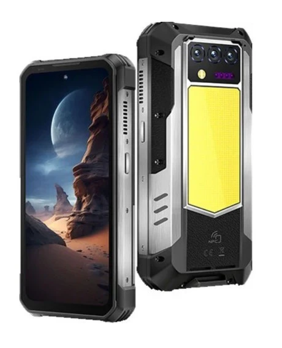 Rugged smartphone with a desert landscape display and yellow back panel on a white background