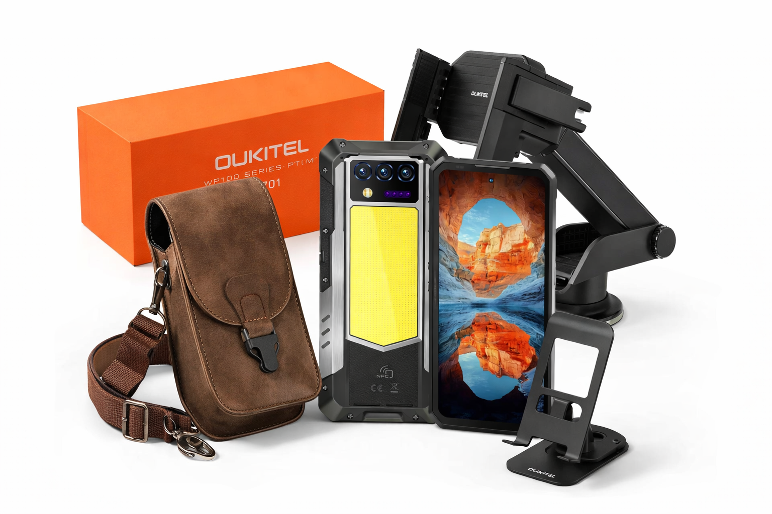 Phone case, phone with screen protector, brown leather bag, and Oukitel box on a white background