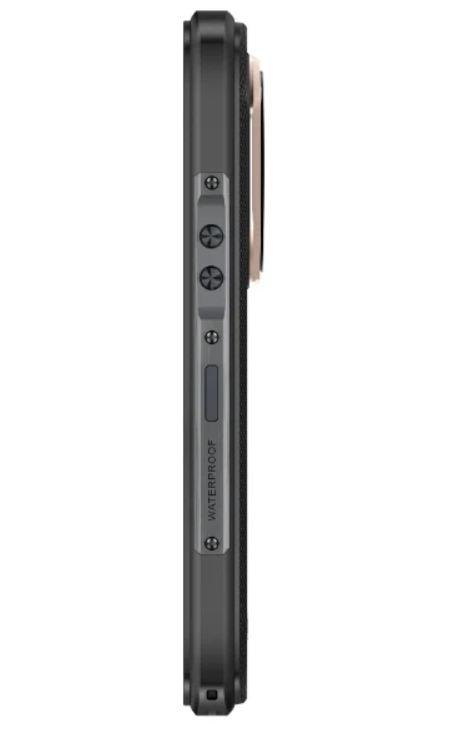 Side view of a smartphone with visible buttons and design details on a white background