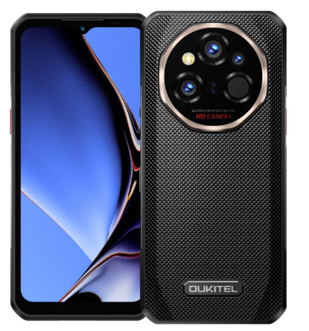 Smartphone with a textured black back and Oukitel branding on a white background