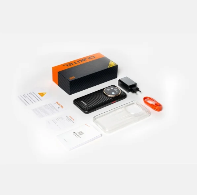 Product packaging with smartphone, accessories, and manual on a white background