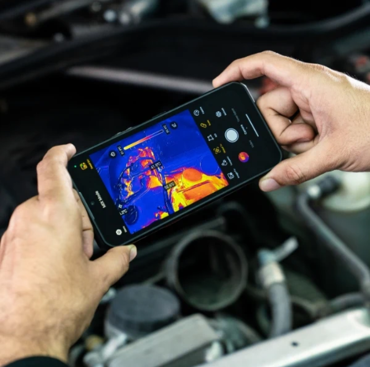 Person using a smartphone with thermal imaging app on a car engine