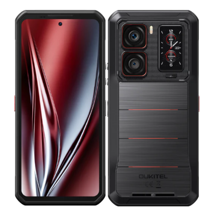 Smartphone with a red and black design on the screen and back view showing the brand 'CUKITEL'.