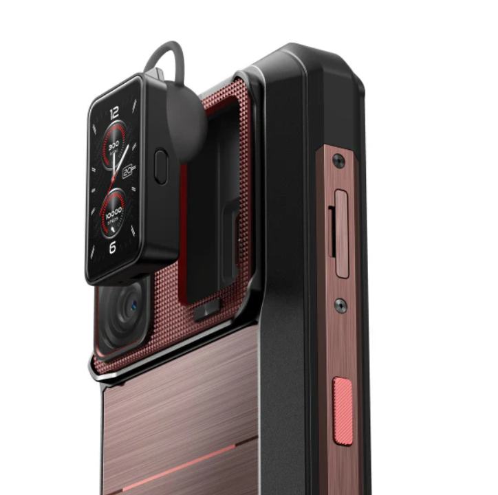 Close-up of a smartphone with a unique camera module and side buttons on a white background