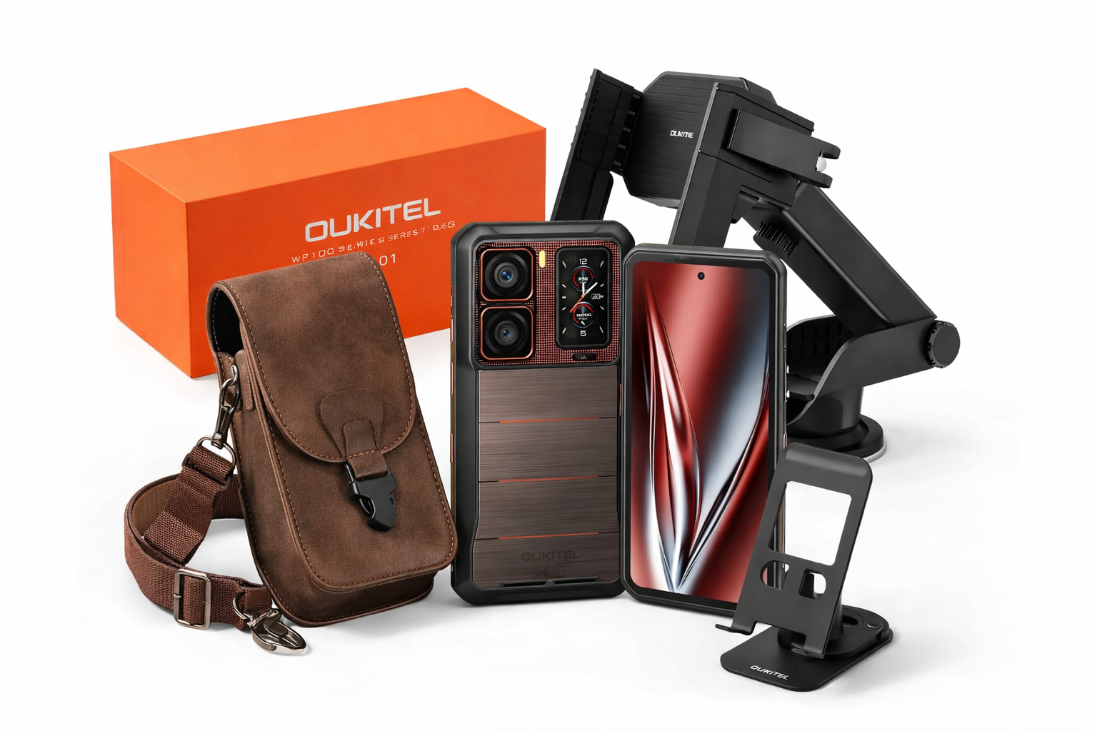 Phone case, phone with reflective screen, brown leather pouch, and black phone holder on a white background with Oukitel branding.